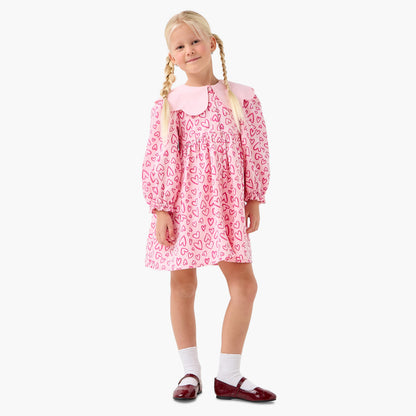 Juniors Peter Pan Collar Long Sleeves Knee Length Dress with Heart Print