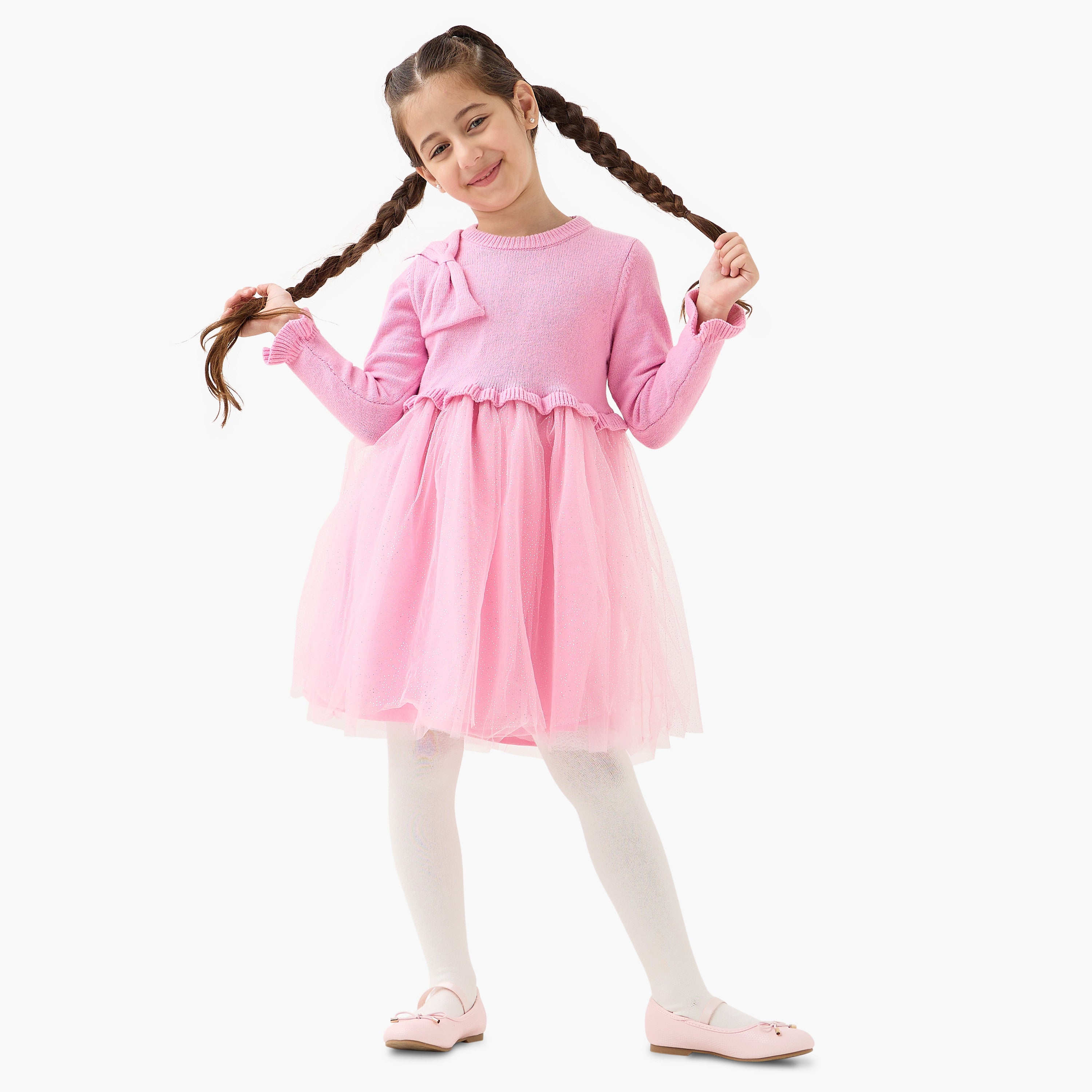 Juniors Glitter Embellished Tulle Dress with Tights - Pink / 6-7 yrs