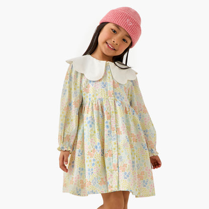 Juniors Peter Pan Collar Long Sleeves Dress with Floral Print - Green / 1-2 yrs