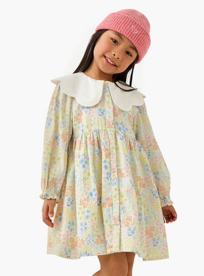 Juniors Peter Pan Collar Long Sleeves Dress with Floral Print-girls-clothing-dressesandjumpsuits-image-1