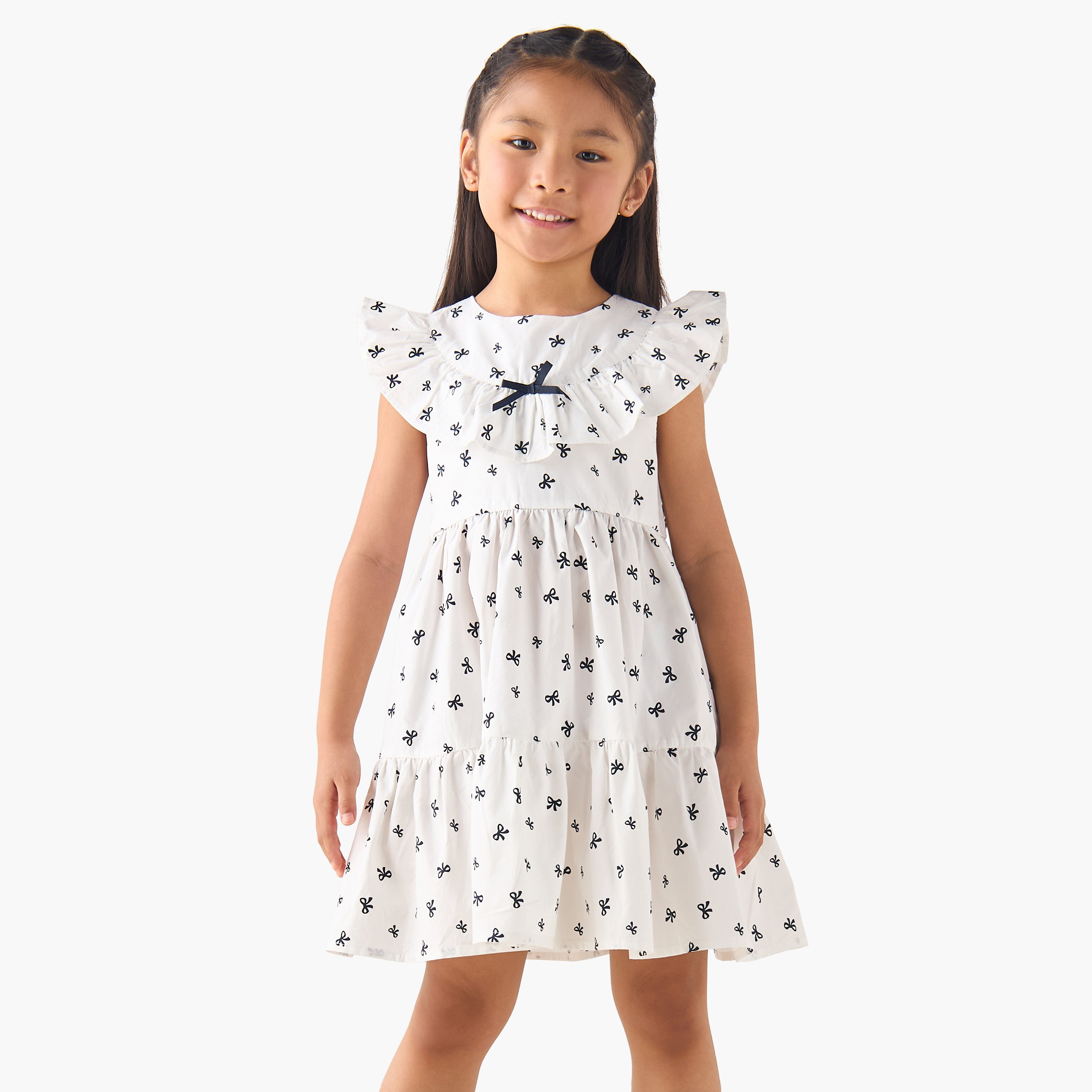 Juniors Round Neck Cap Sleeves A-line Dress with Bow Print - White / 2-3 yrs