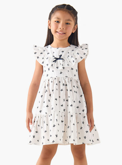 Juniors Round Neck Cap Sleeves A-line Dress with Bow Print-girls-clothing-dressesandjumpsuits-image-1