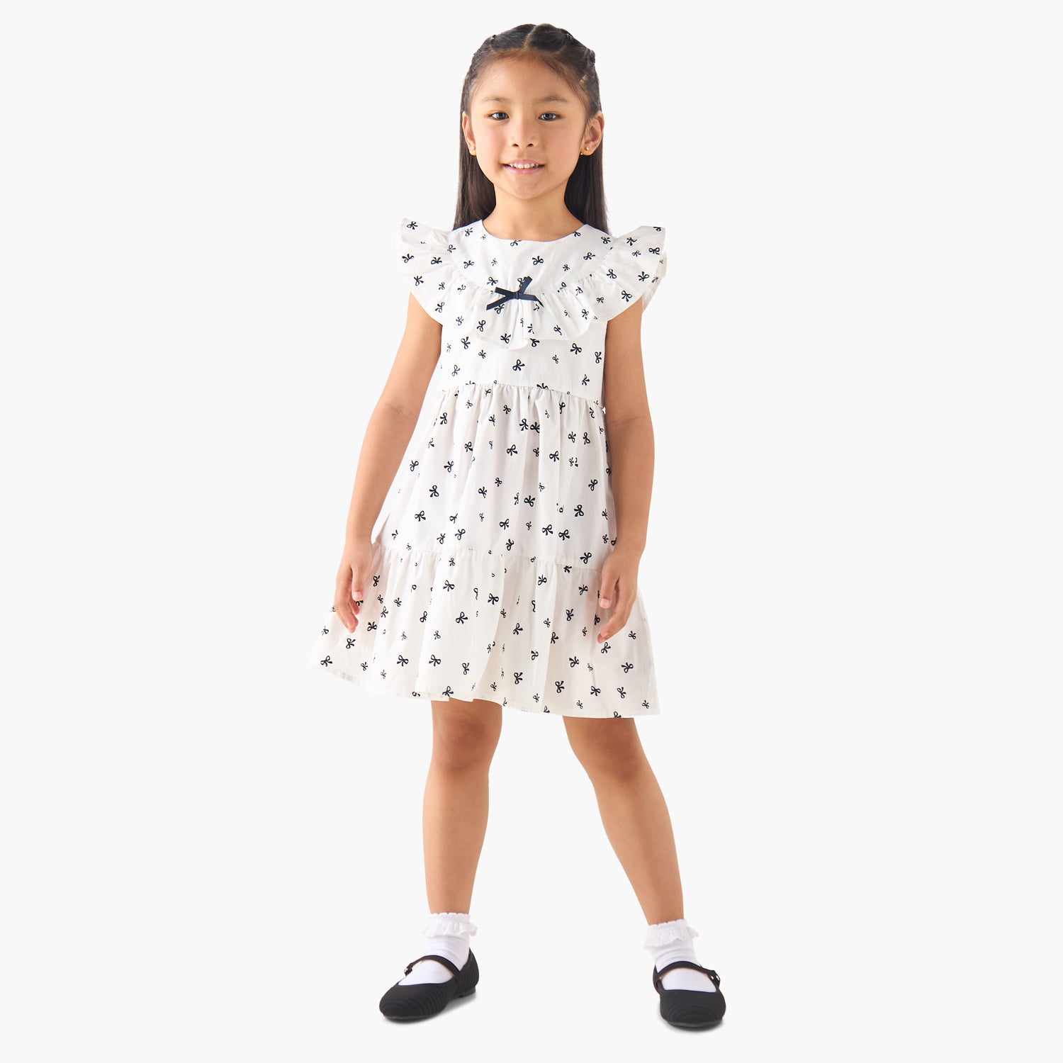 Juniors Round Neck Cap Sleeves A-line Dress with Bow Print