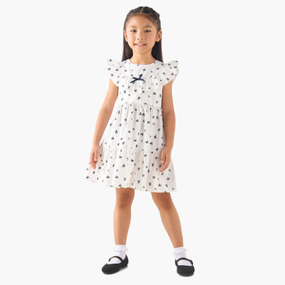 Juniors Round Neck Cap Sleeves A-line Dress with Bow Print