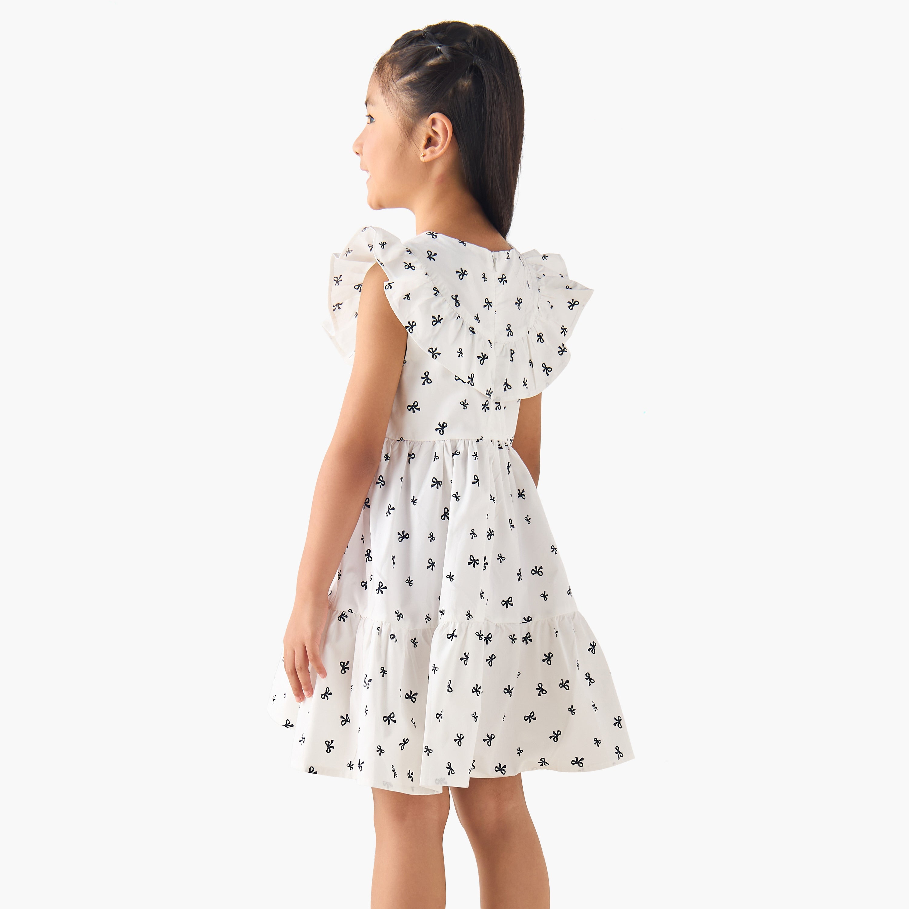 Juniors Round Neck Cap Sleeves A-line Dress with Bow Print