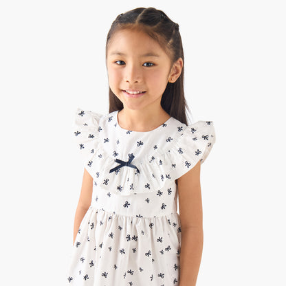 Juniors Round Neck Cap Sleeves A-line Dress with Bow Print