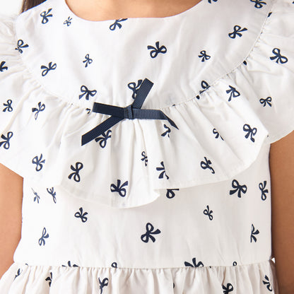 Juniors Round Neck Cap Sleeves A-line Dress with Bow Print
