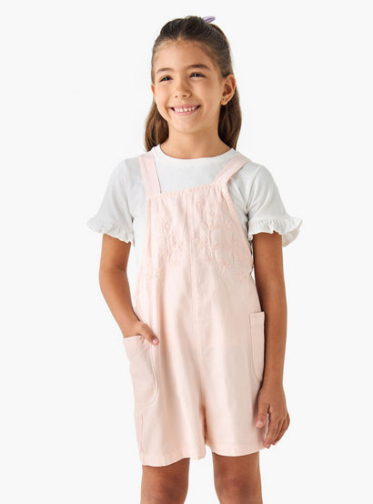 Juniors Solid T-shirt and Embroidered Dungaree Set-baby-girls-clothing-setsandcoords-image-1