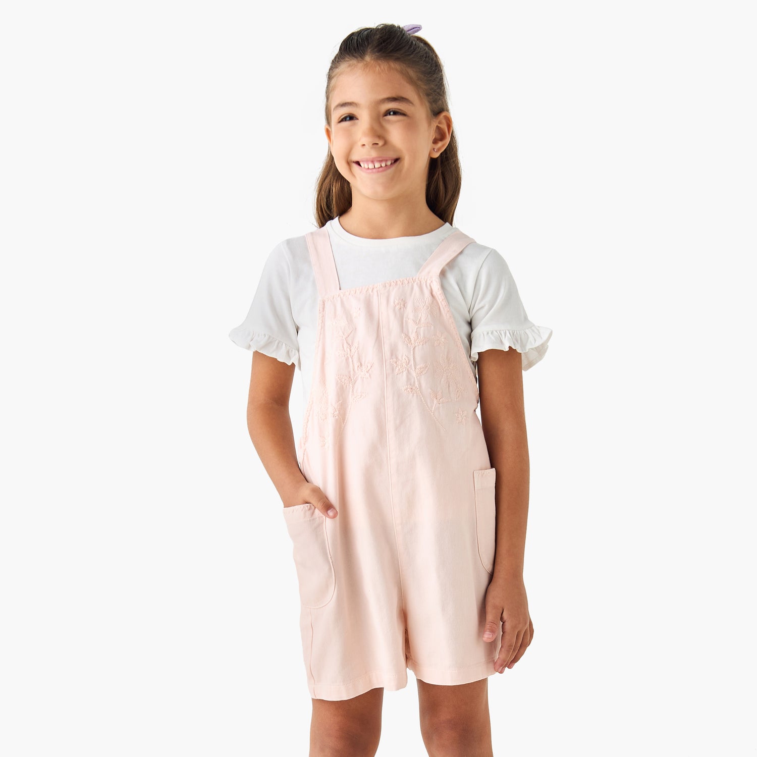 Juniors Solid T-shirt and Embroidered Dungaree Set - Multicolour / 4-5 yrs