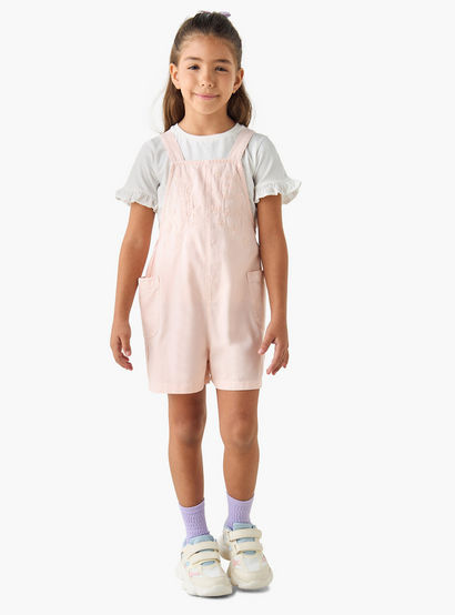 Juniors Solid T-shirt and Embroidered Dungaree Set-baby-girls-clothing-setsandcoords-image-2