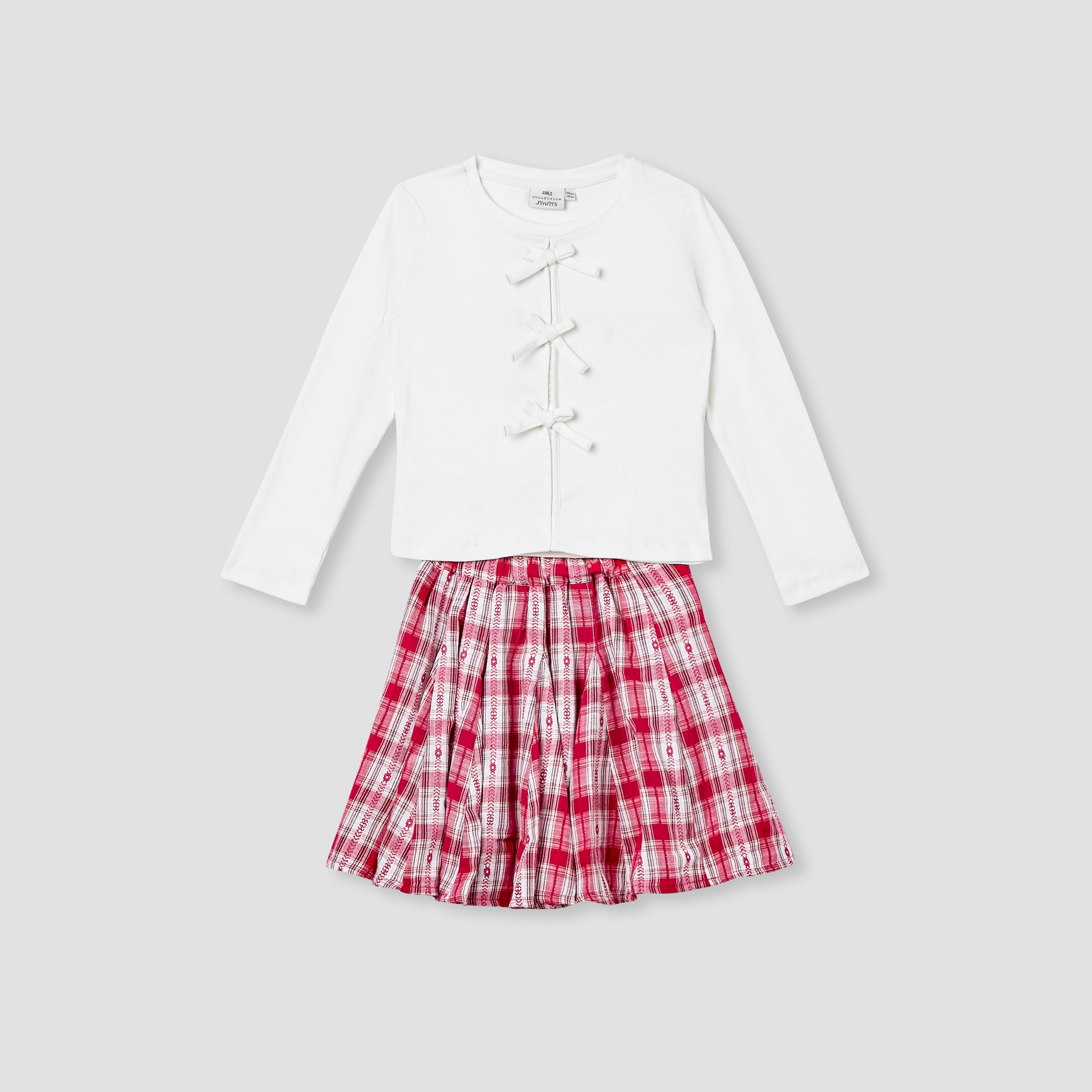 Juniors Bow Accent Top and Checked Skirt Set - Red / 2-3 yrs