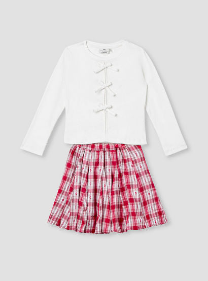 Juniors Bow Accent Top and Checked Skirt Set-baby-girls-clothing-setsandcoords-image-1