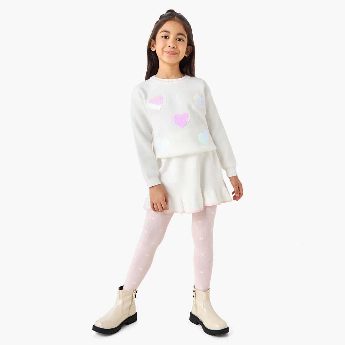 Juniors Girls Pullover and Skirt Set with Sequin Embellished - Polyester - Long Sleeves - Crew Neck - White / 6-7 yrs