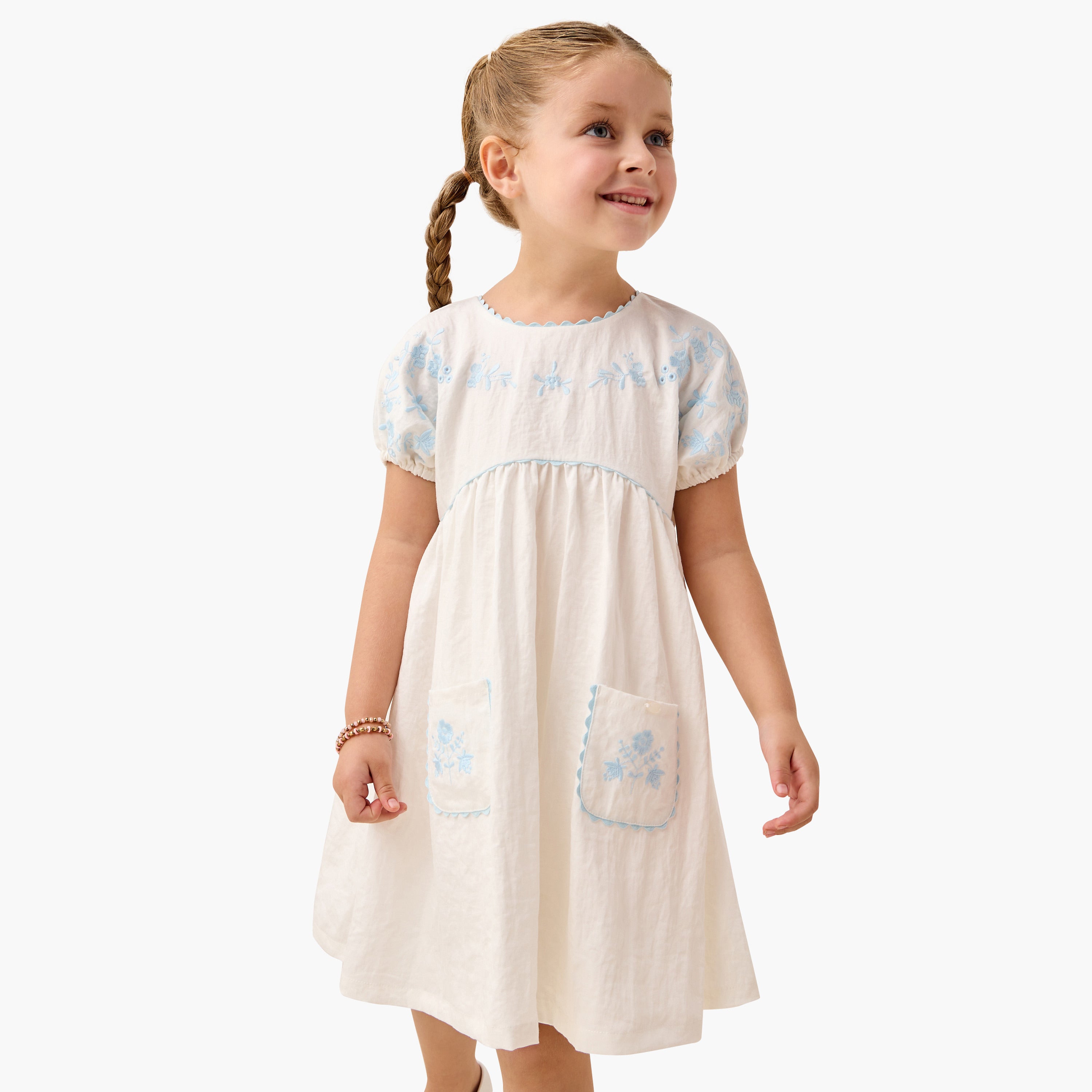 Eligo Embroidered Round Neck Dress with Pockets and Short Sleeves - White / 5-6 yrs