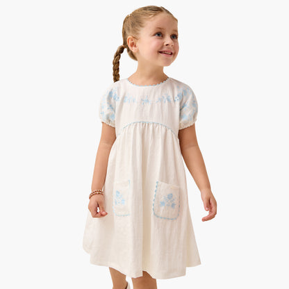 Eligo Embroidered Round Neck Dress with Pockets and Short Sleeves - White / 5-6 yrs