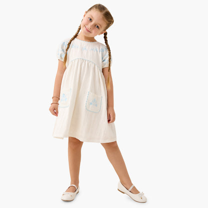 Eligo Embroidered Round Neck Dress with Pockets and Short Sleeves