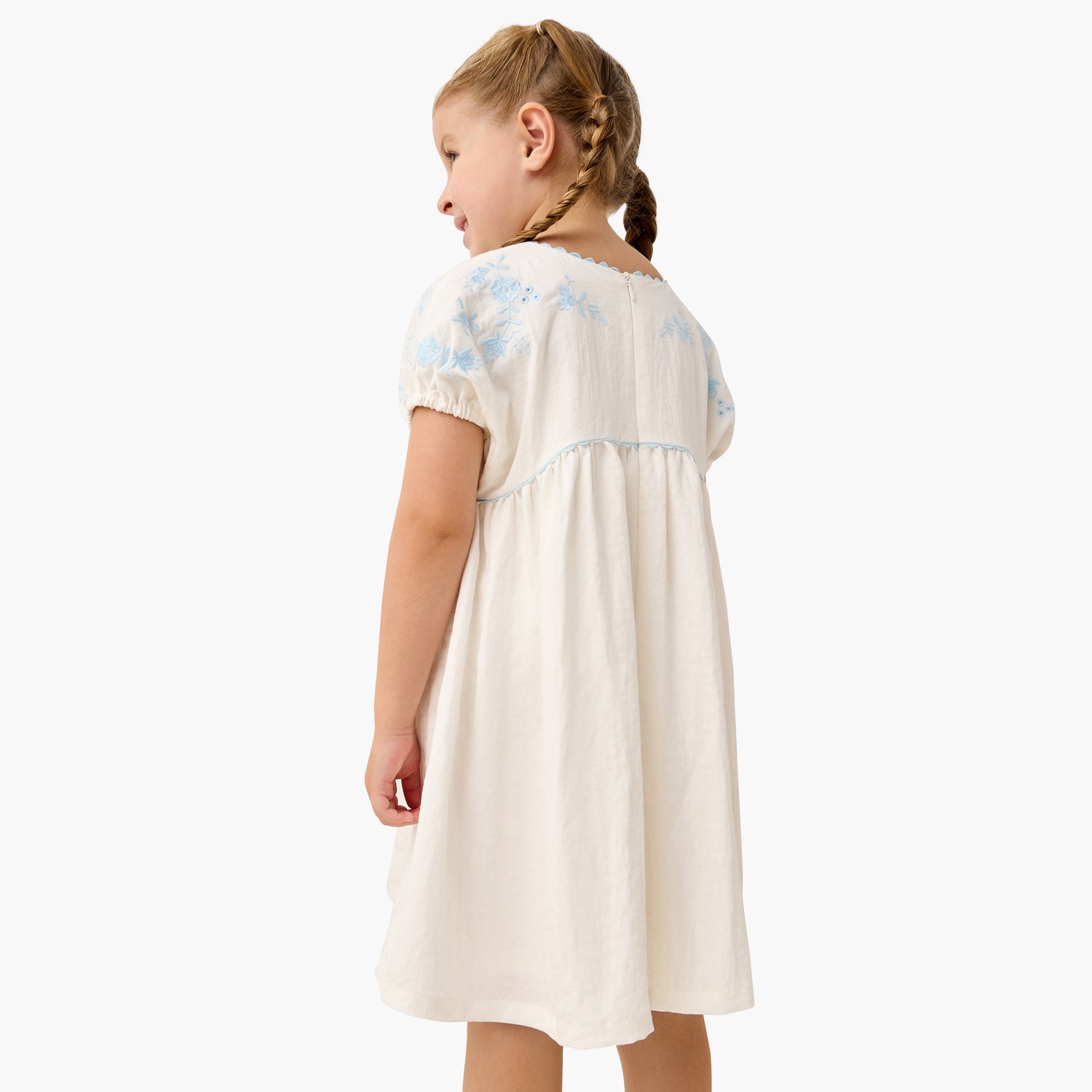 Eligo Embroidered Round Neck Dress with Pockets and Short Sleeves