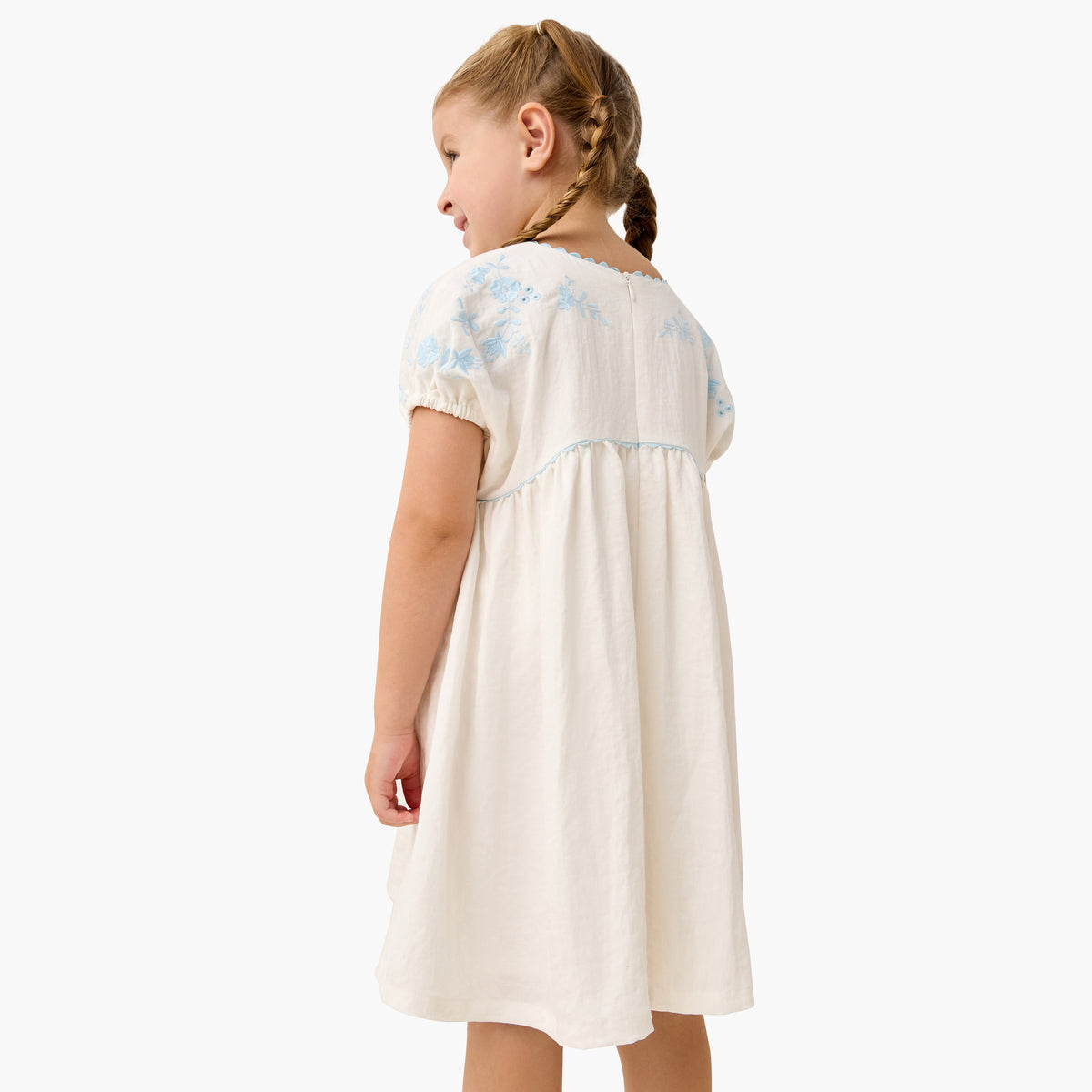 Eligo Embroidered Round Neck Dress with Pockets and Short Sleeves