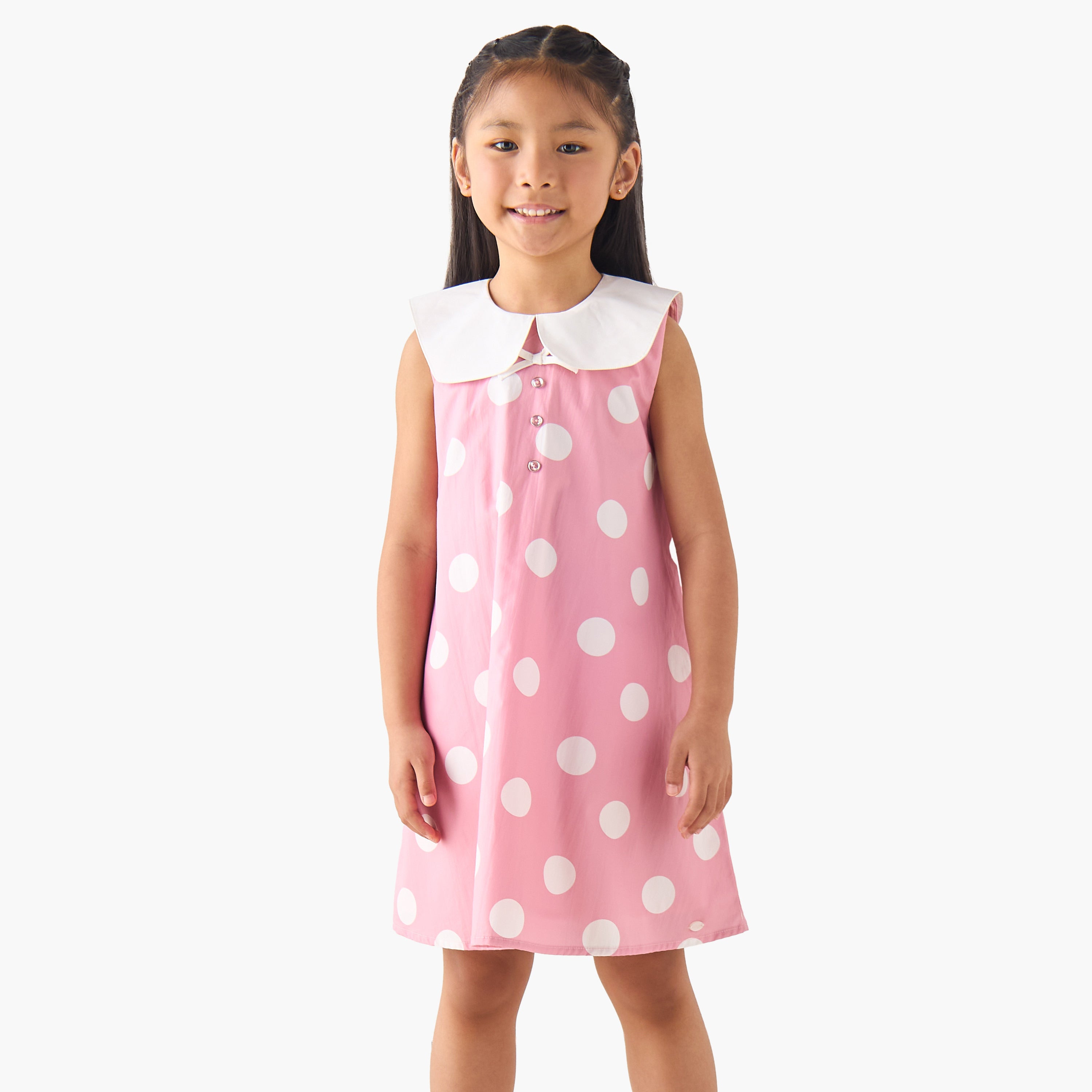 Eligo Peter Pan Collar Sleeveless Dress with Polka Dot Print - Pink / 1-2 yrs