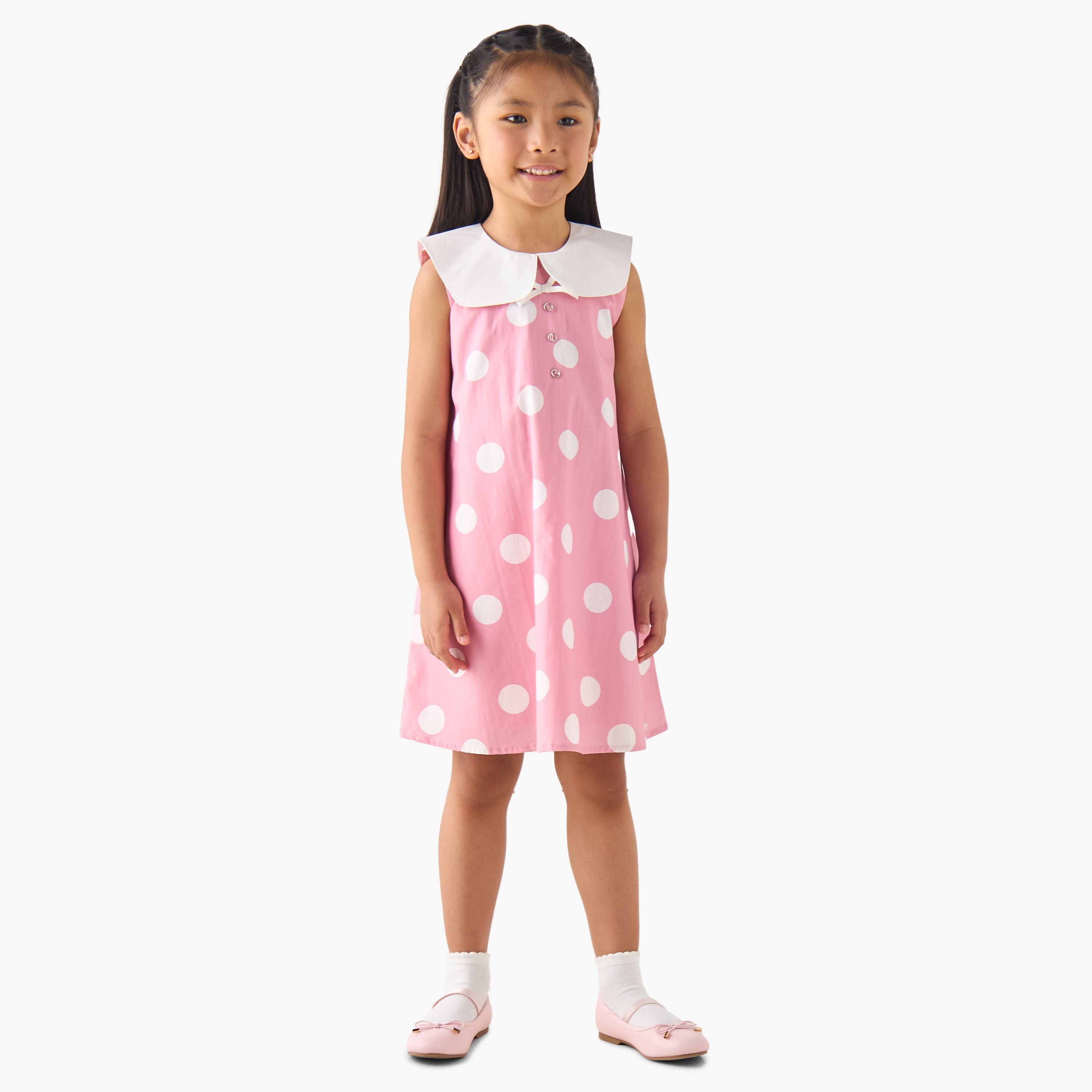 Eligo Peter Pan Collar Sleeveless Dress with Polka Dot Print