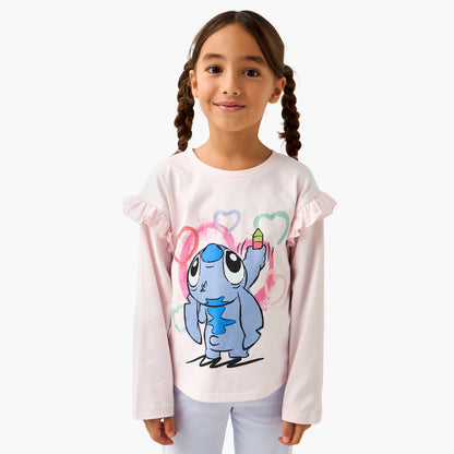 Disney Crew Neck Long Sleeve T-shirt with Stitch Print and Ruffle Detail