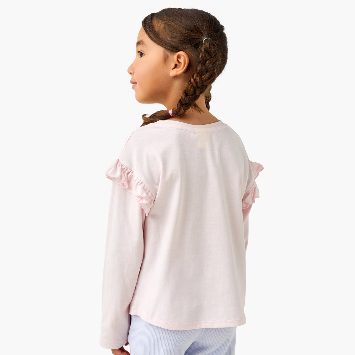 Disney Crew Neck Long Sleeve T-shirt with Stitch Print and Ruffle Detail