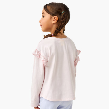 Disney Crew Neck Long Sleeve T-shirt with Stitch Print and Ruffle Detail