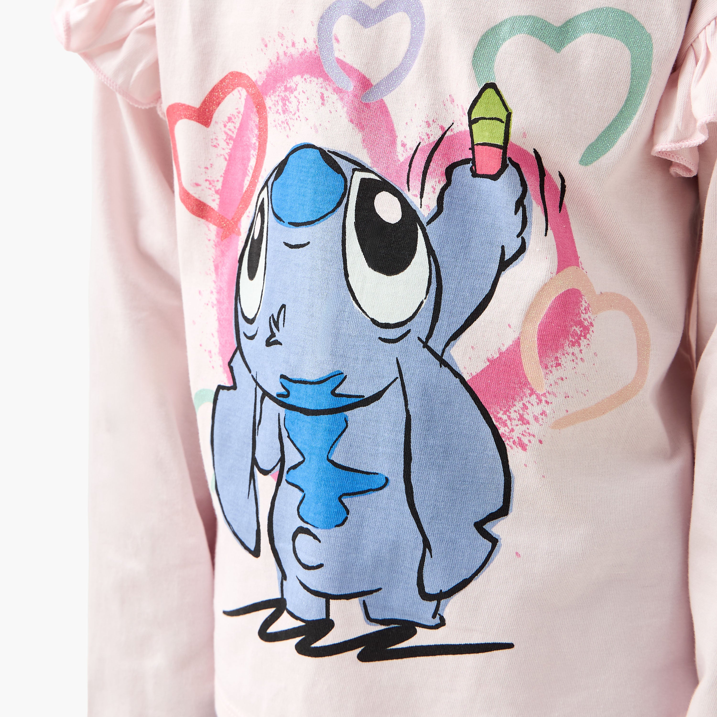 Disney Crew Neck Long Sleeve T-shirt with Stitch Print and Ruffle Detail