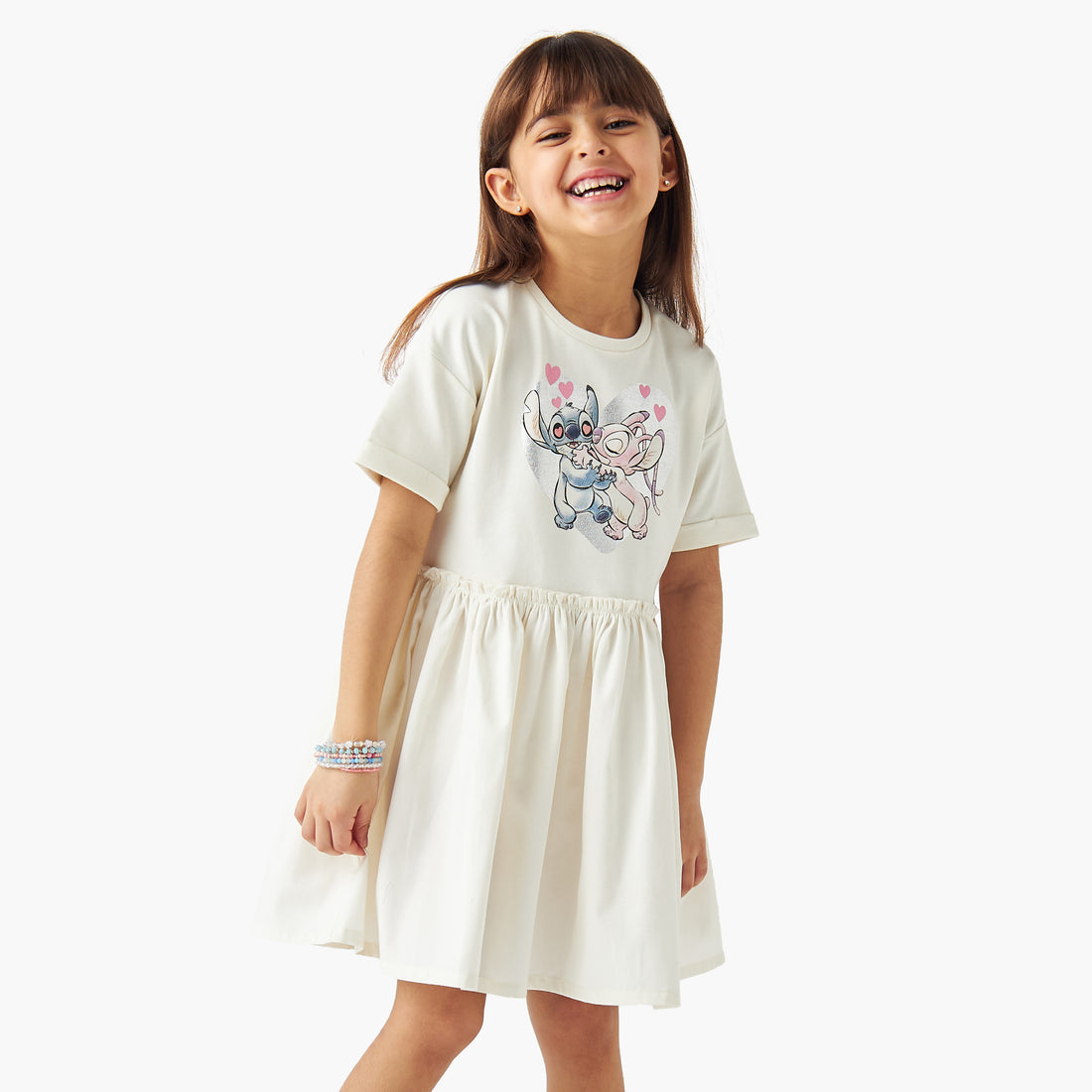 Disney Stitch and Angel Print Dress with Short Sleeves - Cream / 1-2 yrs
