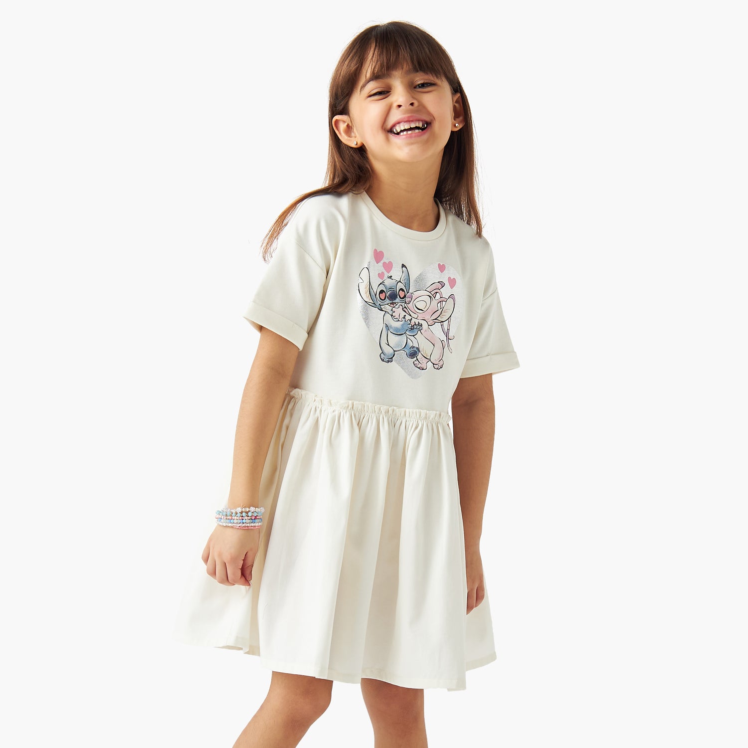 Disney Stitch and Angel Print Dress with Short Sleeves - Cream / 1-2 yrs