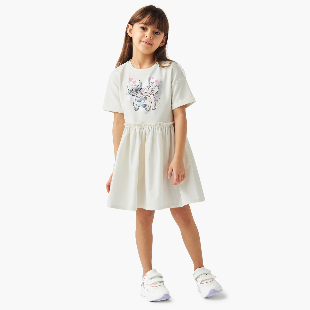 Disney Stitch and Angel Print Dress with Short Sleeves