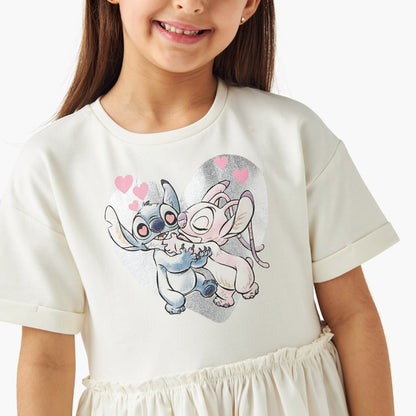 Disney Stitch and Angel Print Dress with Short Sleeves
