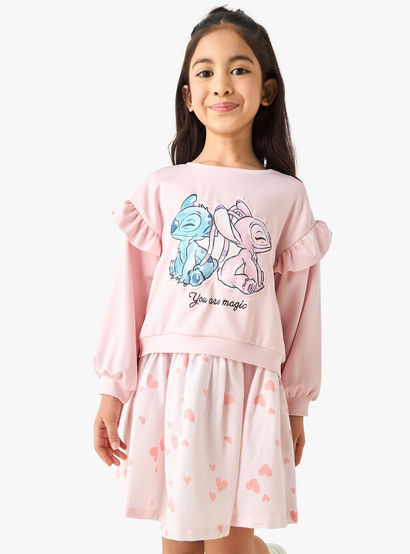 Disney Round Neck Long Sleeves Knee Length Dress with Stitch Print-girls-clothing-dressesandjumpsuits-image-1