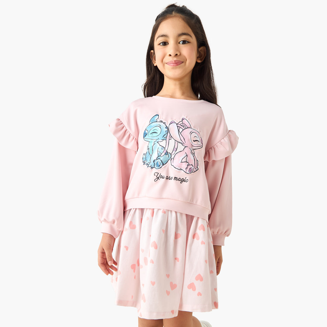 Disney Round Neck Long Sleeves Knee Length Dress with Stitch Print - Pink / 5-6 yrs