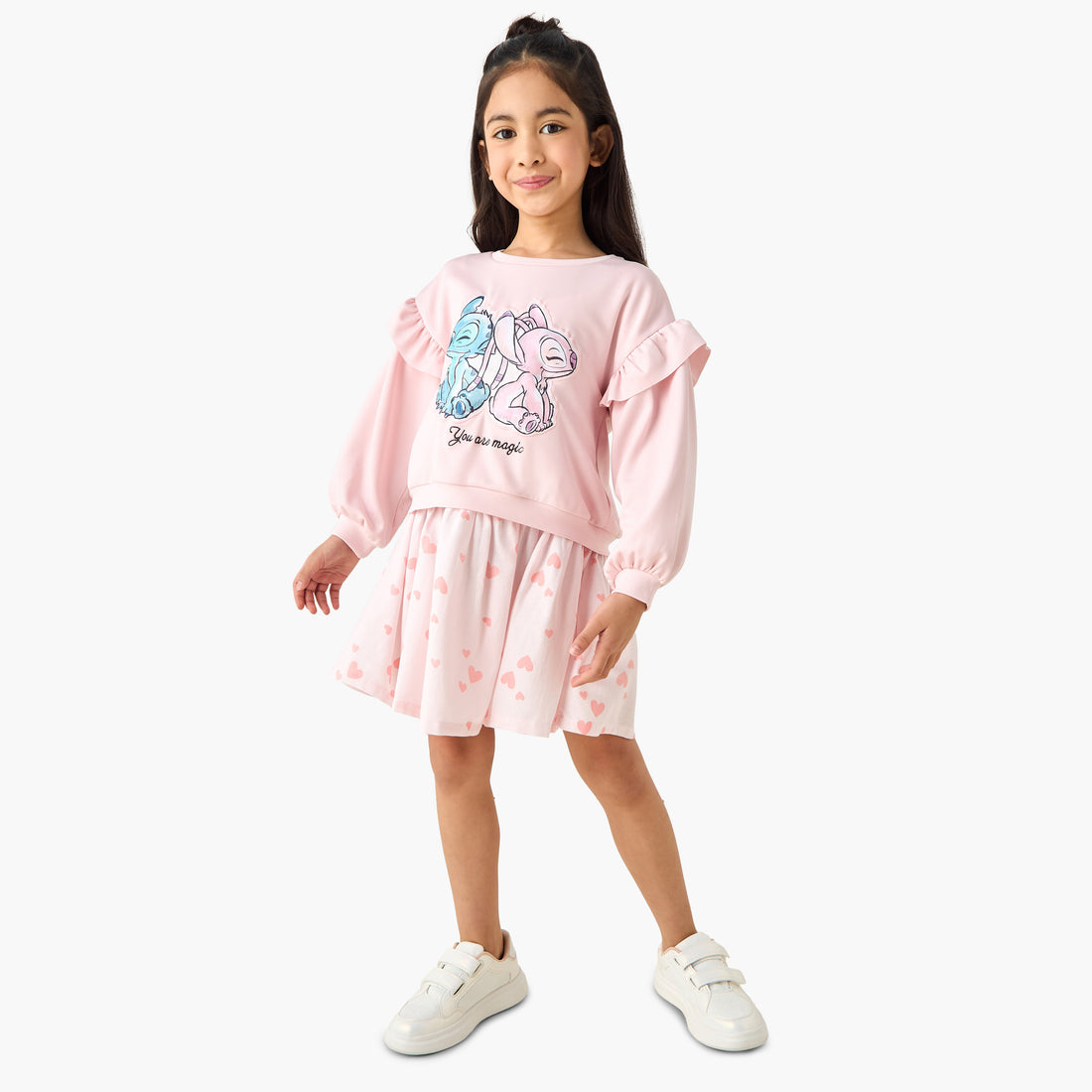 Disney Round Neck Long Sleeves Knee Length Dress with Stitch Print