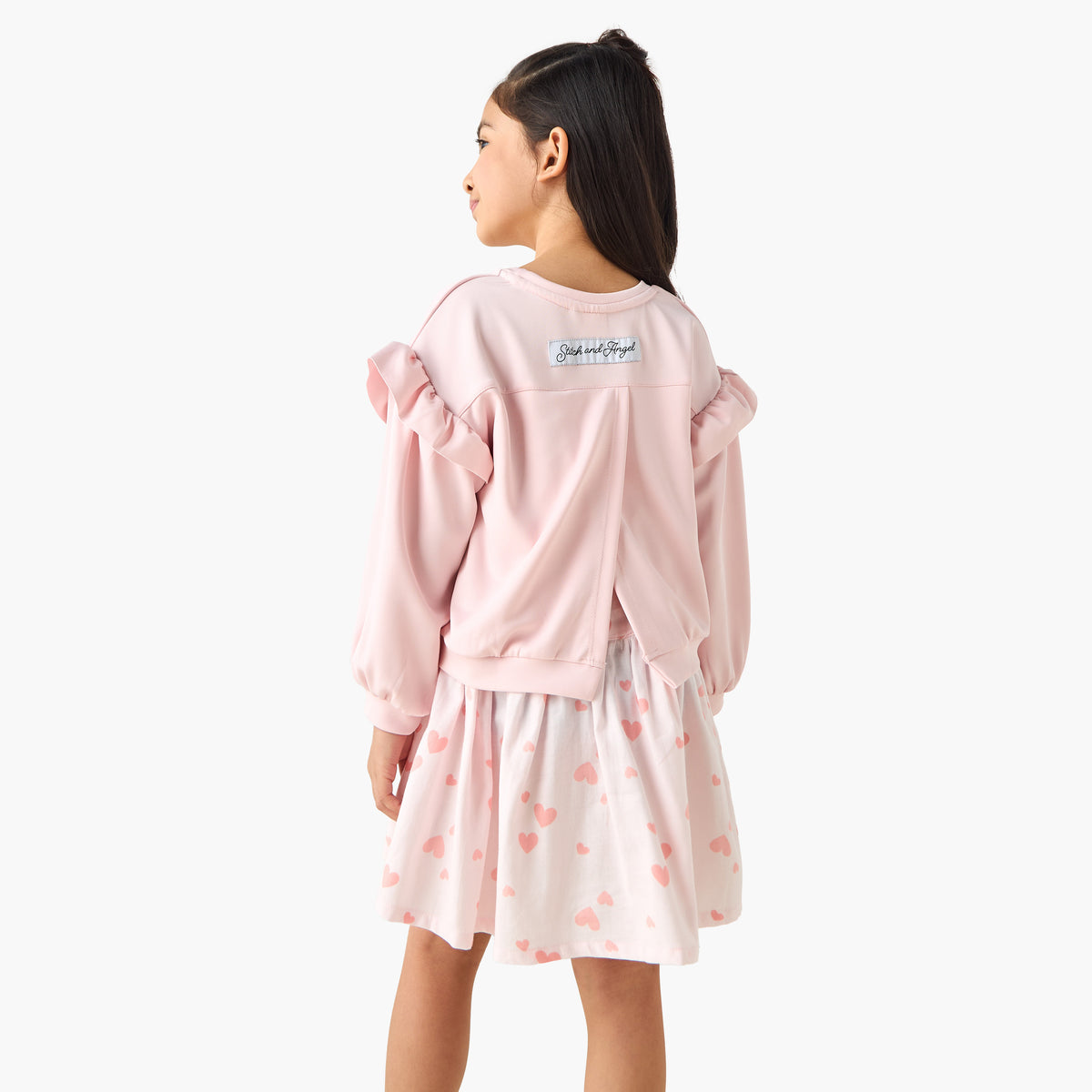 Disney Round Neck Long Sleeves Knee Length Dress with Stitch Print