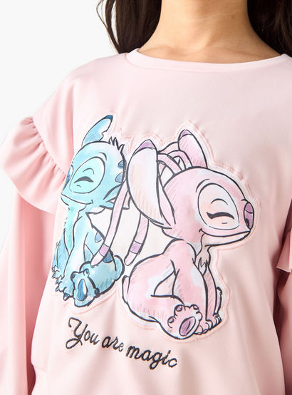 Disney Round Neck Long Sleeves Knee Length Dress with Stitch Print-girls-clothing-dressesandjumpsuits-image-4