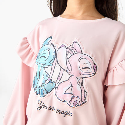 Disney Round Neck Long Sleeves Knee Length Dress with Stitch Print