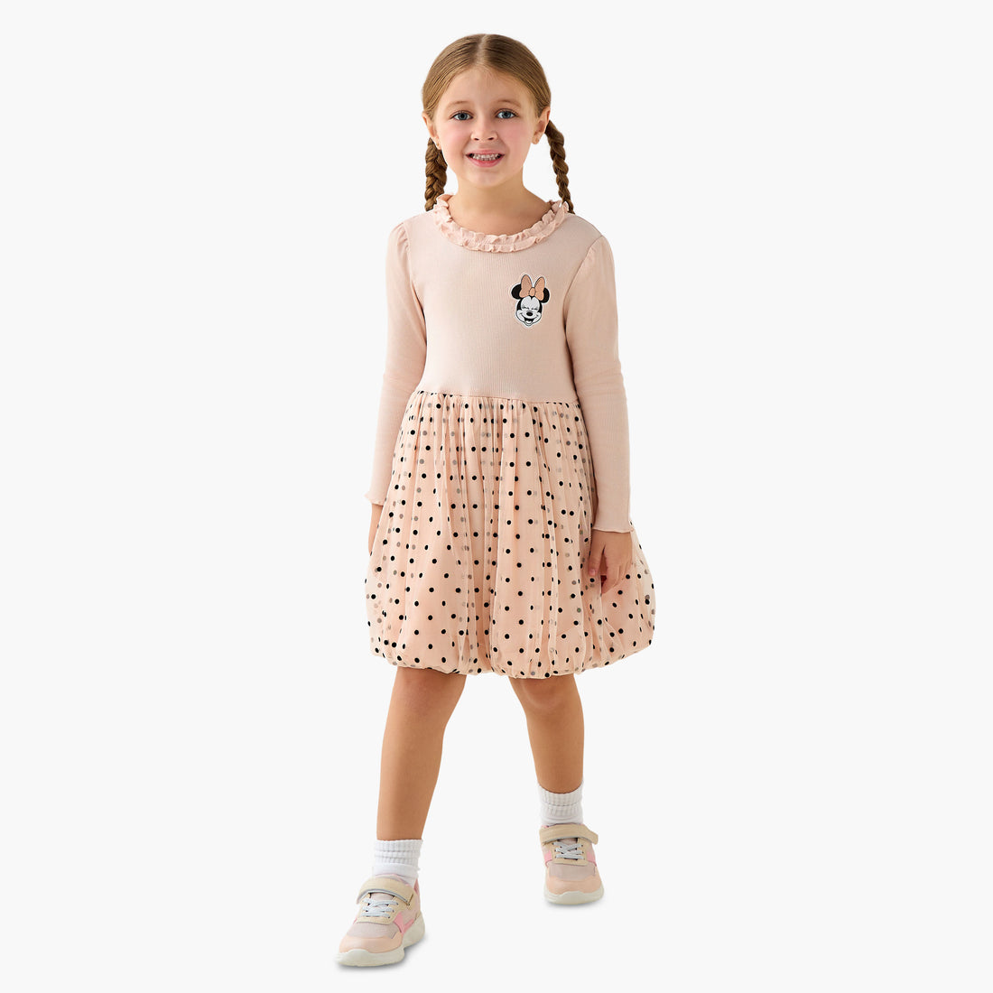 Disney Round Neck Long Sleeves Dress with Minnie Mouse and Polka Dot Print