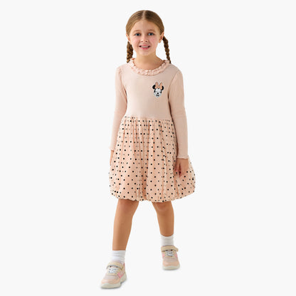 Disney Round Neck Long Sleeves Dress with Minnie Mouse and Polka Dot Print
