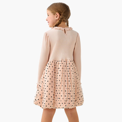 Disney Round Neck Long Sleeves Dress with Minnie Mouse and Polka Dot Print