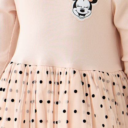 Disney Round Neck Long Sleeves Dress with Minnie Mouse and Polka Dot Print