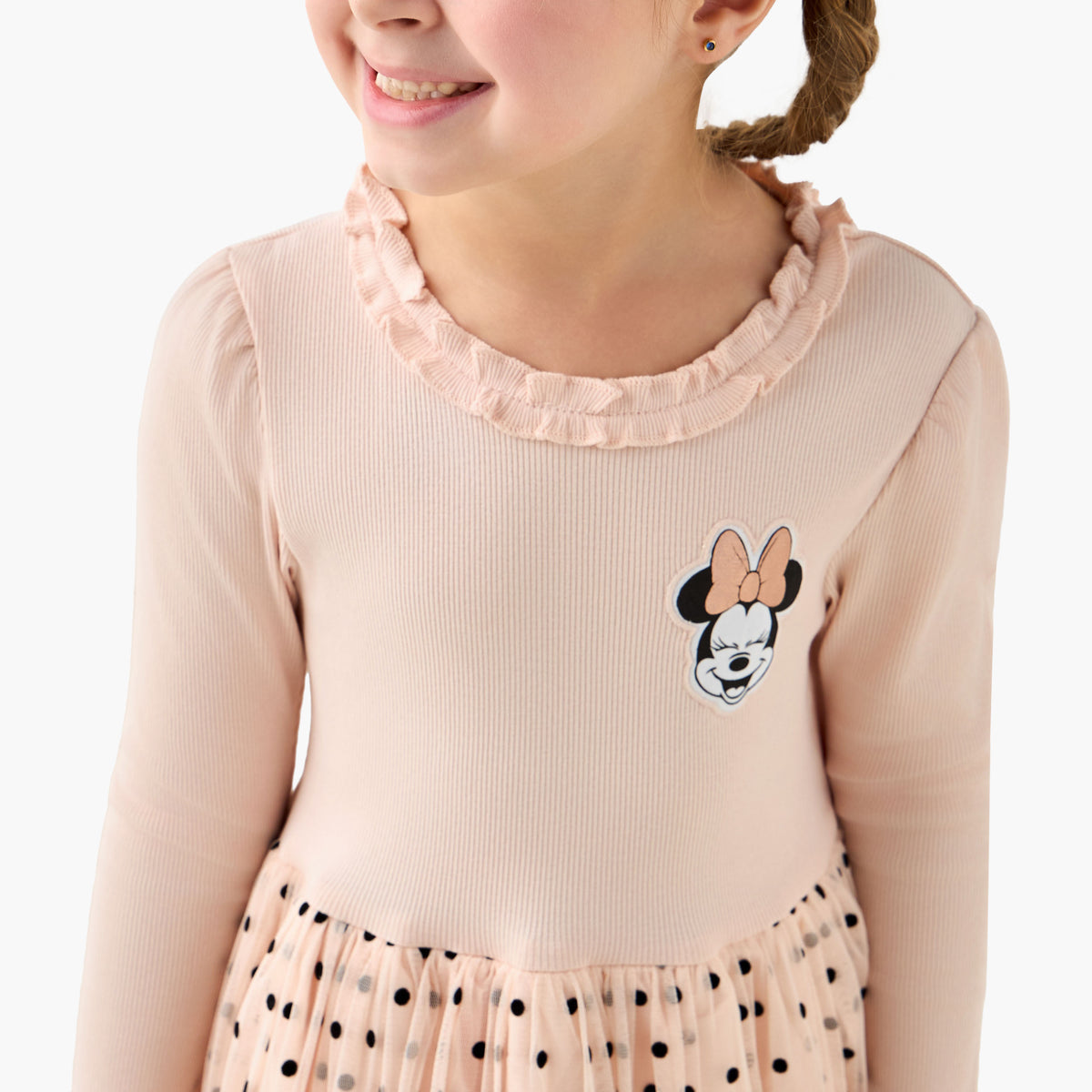 Disney Round Neck Long Sleeves Dress with Minnie Mouse and Polka Dot Print