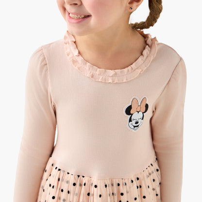 Disney Round Neck Long Sleeves Dress with Minnie Mouse and Polka Dot Print