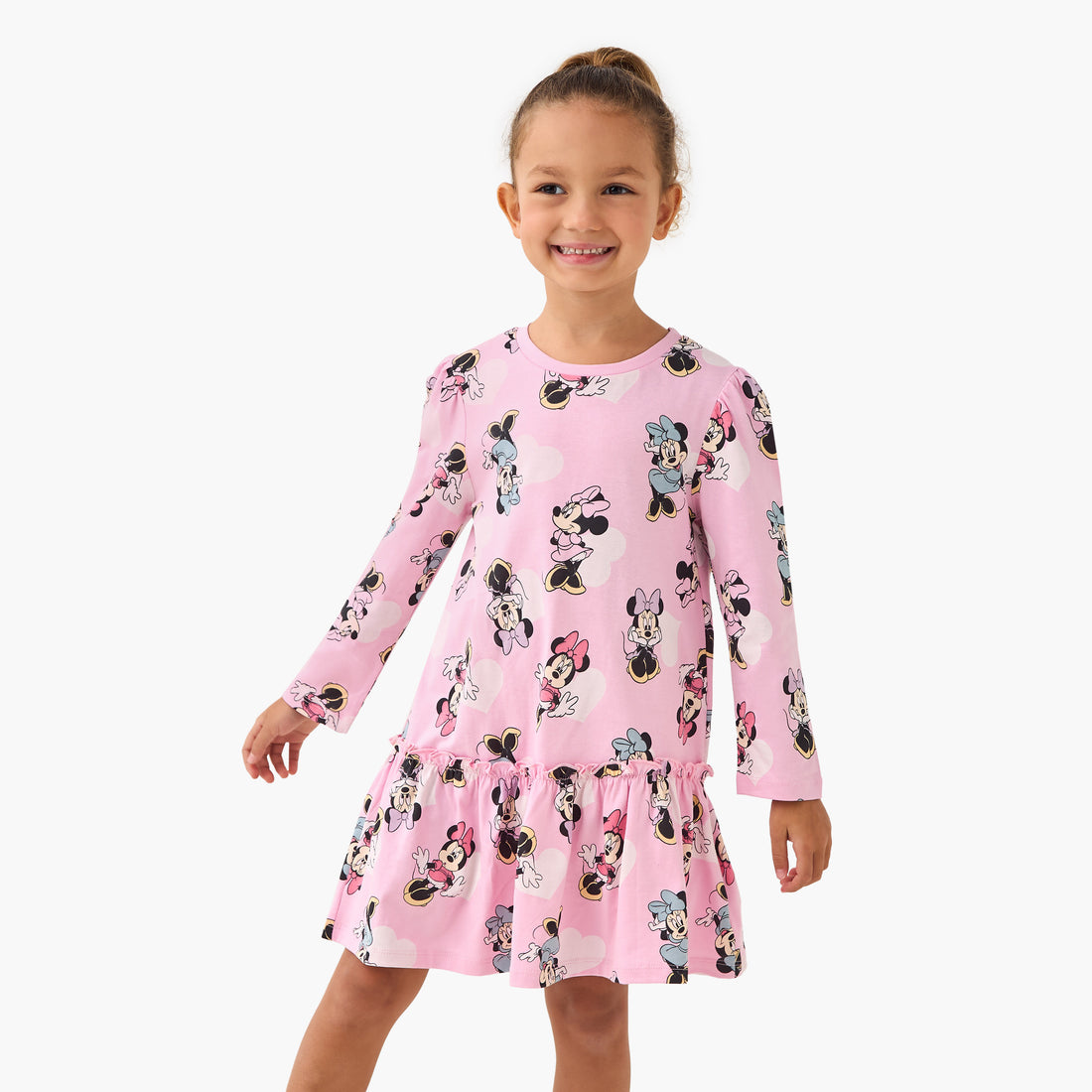 Disney Round Neck Long Sleeve Dress with Minnie Mouse Print - Pink / 5-6 yrs