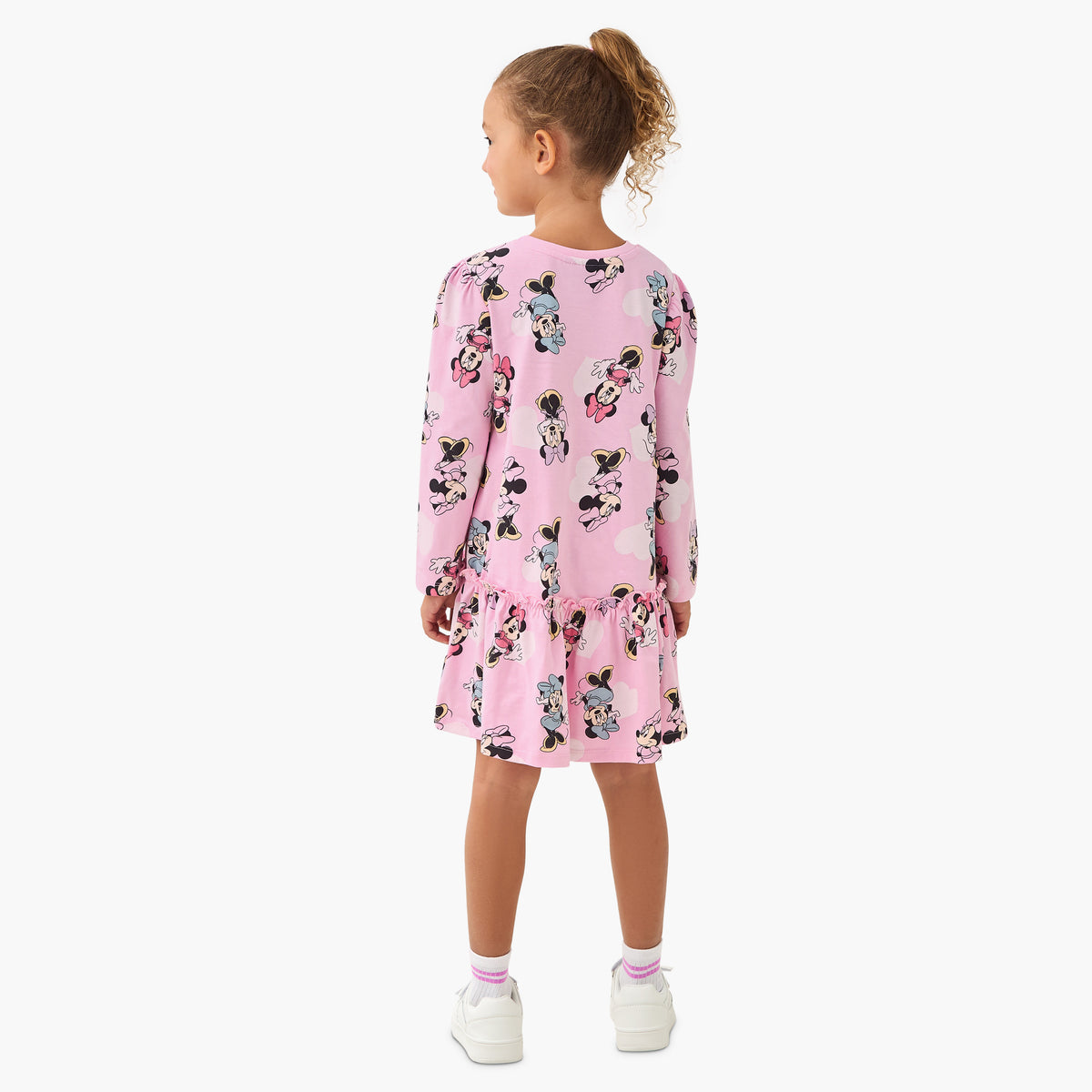 Disney Round Neck Long Sleeve Dress with Minnie Mouse Print