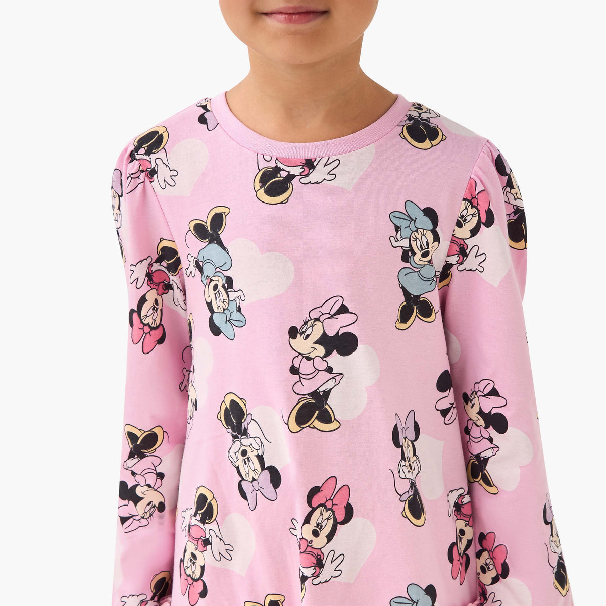 Disney Round Neck Long Sleeve Dress with Minnie Mouse Print