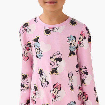 Disney Round Neck Long Sleeve Dress with Minnie Mouse Print
