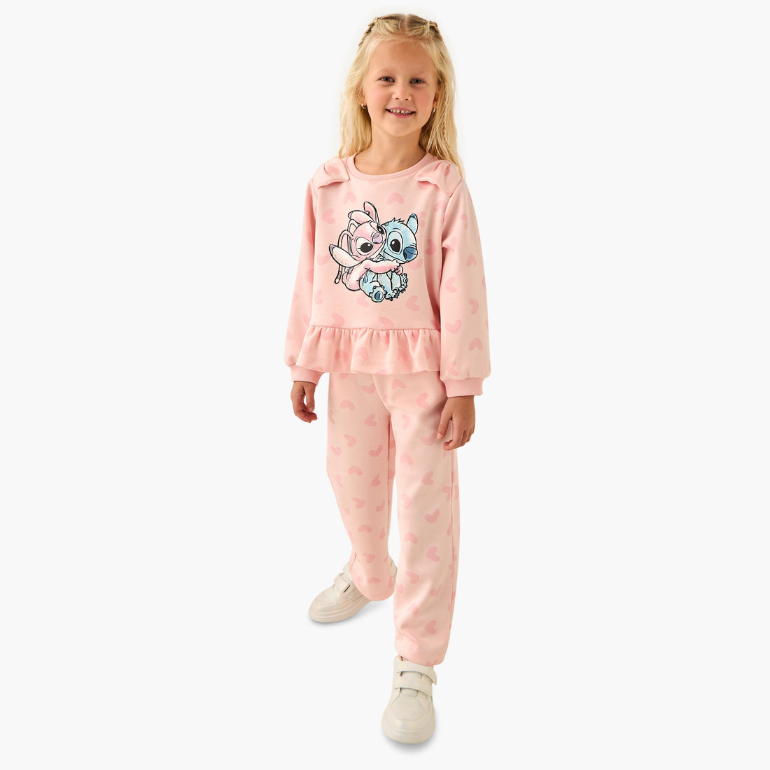Disney Girls Sweatshirt and Track Pants Set with Stitch and Angel Print - Long Sleeves - Crew Neck - Pink / 4-5 yrs