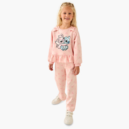 Disney Girls Sweatshirt and Track Pants Set with Stitch and Angel Print - Long Sleeves - Crew Neck - Pink / 4-5 yrs